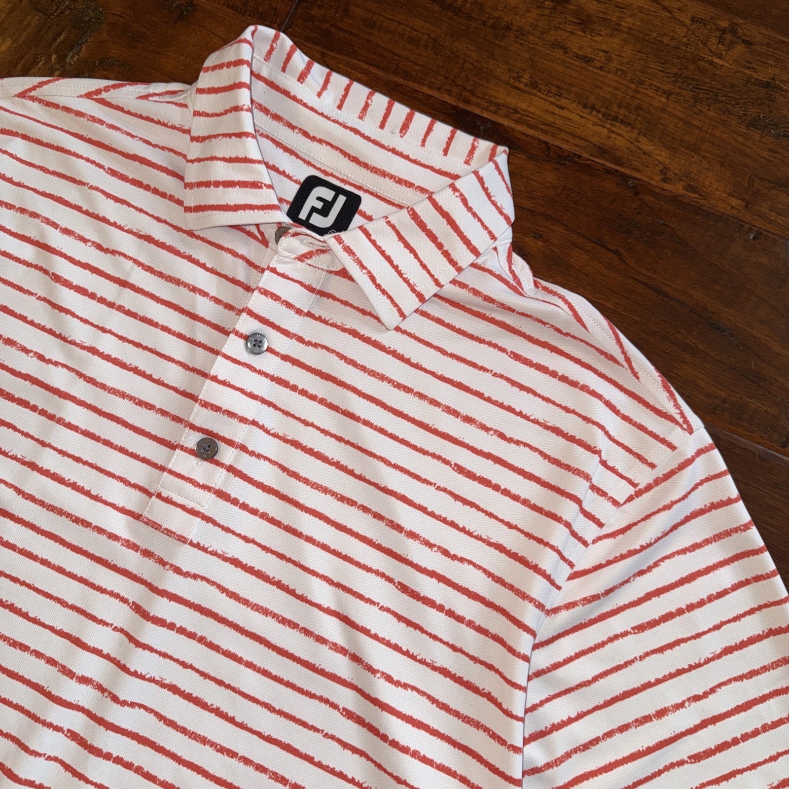 Fj Foot Joy Golf Polo Collared White Orange Striped Size Large Hit On Sleeve Euc